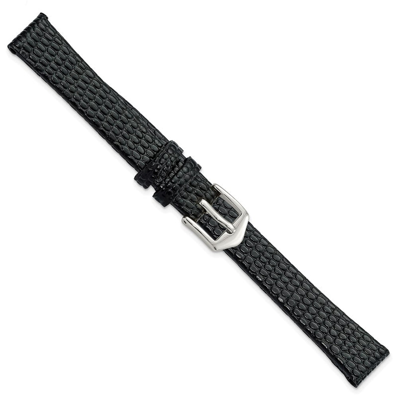 Gilden 12mm Black Flat Lizard Grain Calfskin Leather with Silver-tone Aluminum Buckle 6.75 inch Watch Band