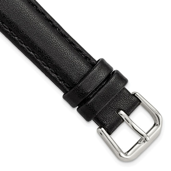 15mm Black Smooth Leather Silver-tone Buckle Watch Band