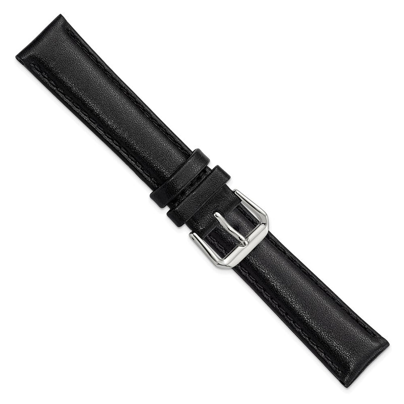 18mm Black Smooth Leather Silver-tone Buckle Watch Band