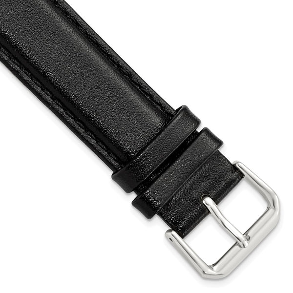 19mm Black Smooth Leather Silver-tone Buckle Watch Band