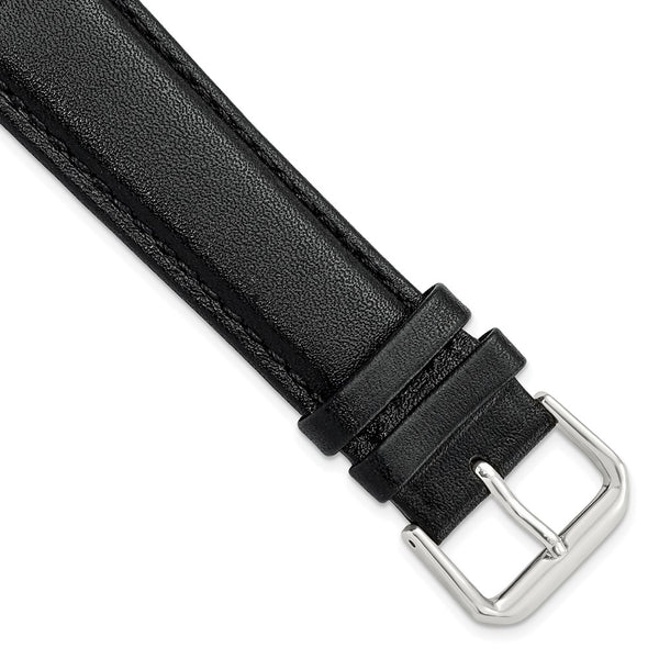 20mm Black Smooth Leather Silver-tone Buckle Watch Band