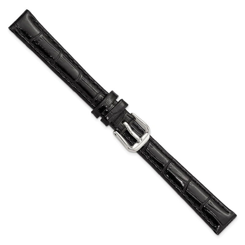 DeBeer 12mm Black Crocodile Grain Leather with Dark Stitching and Silver-tone Buckle 6.75 inch Watch Band