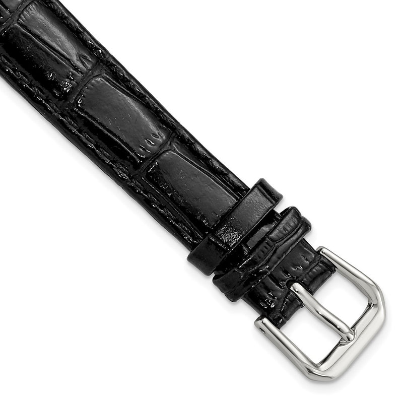DeBeer 14mm Black Crocodile Grain Leather with Dark Stitching and Silver-tone Buckle 6.75 inch Watch Band