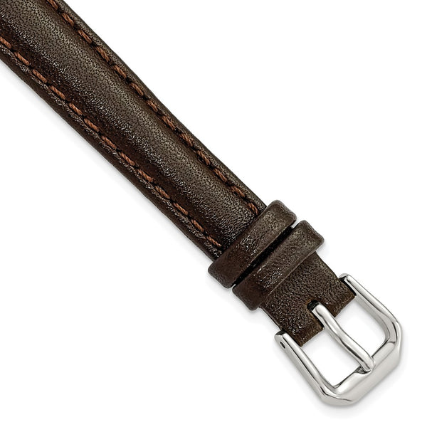 12mm Dark Brown Smooth Leather Silver-tone Buckle Watch Band