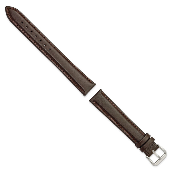 18mm Extra Long Dark Brown Smooth Leather Silver-tone Watch Band