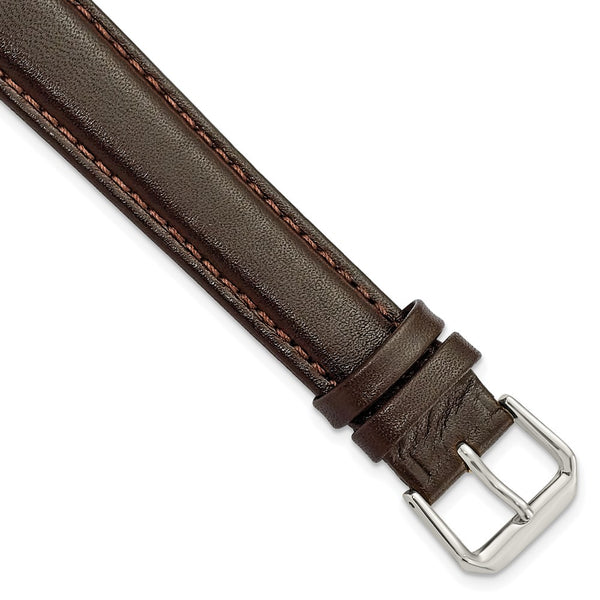 18mm Extra Long Dark Brown Smooth Leather Silver-tone Watch Band