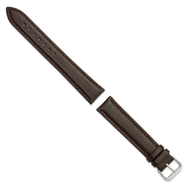 DeBeer 20mm Extra Long Dark Brown Smooth Leather with Silver-tone 9.5 inch Watch Band