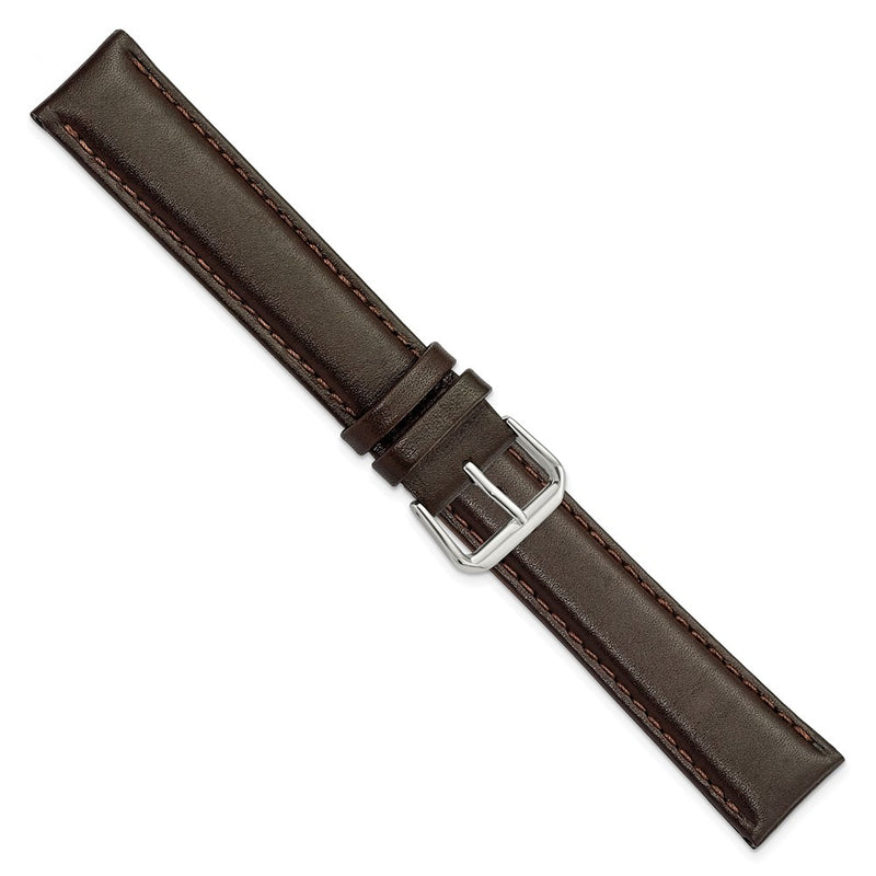 20mm Extra Long Dark Brown Smooth Leather Silver-tone Watch Band