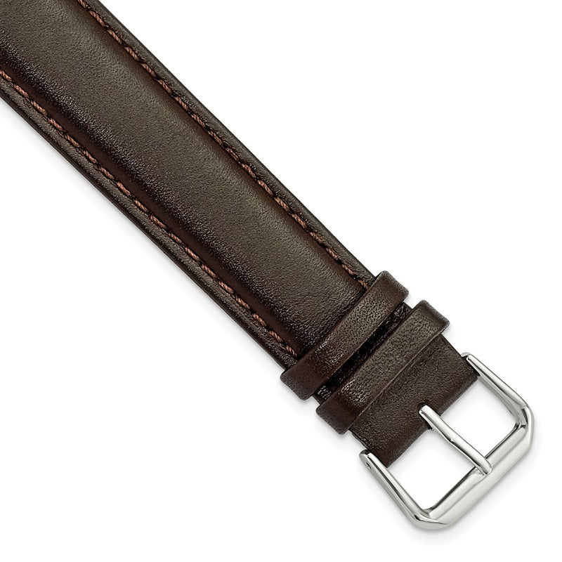 20mm Extra Long Dark Brown Smooth Leather Silver-tone Watch Band