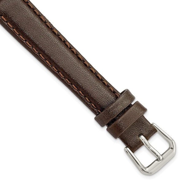 14mm Long Dark Brown Smooth Leather Slvr-tone Buckle Watch Band