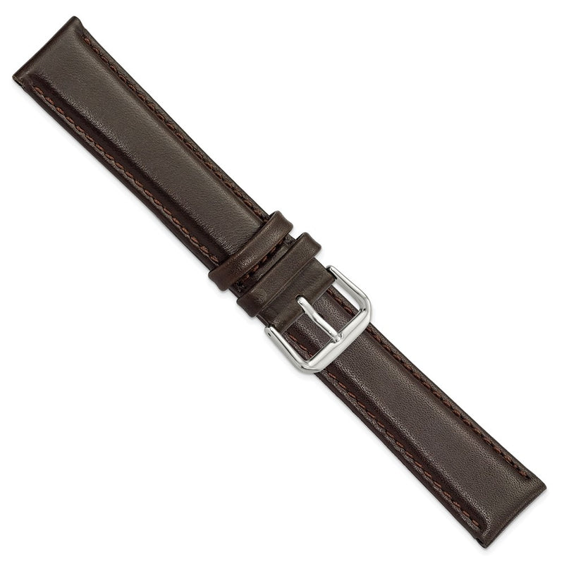 20mm Long Dark Brown Smooth Leather Silver-tone Buckle Watch Band