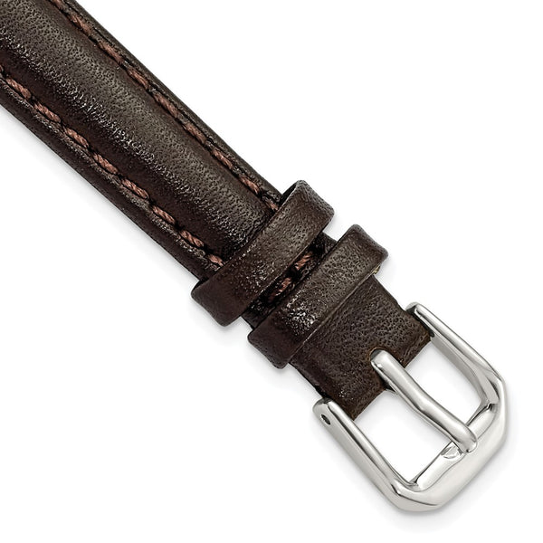 12mm Short Dark Brown Smooth Leather Slvr-tone Buckle Watch Band