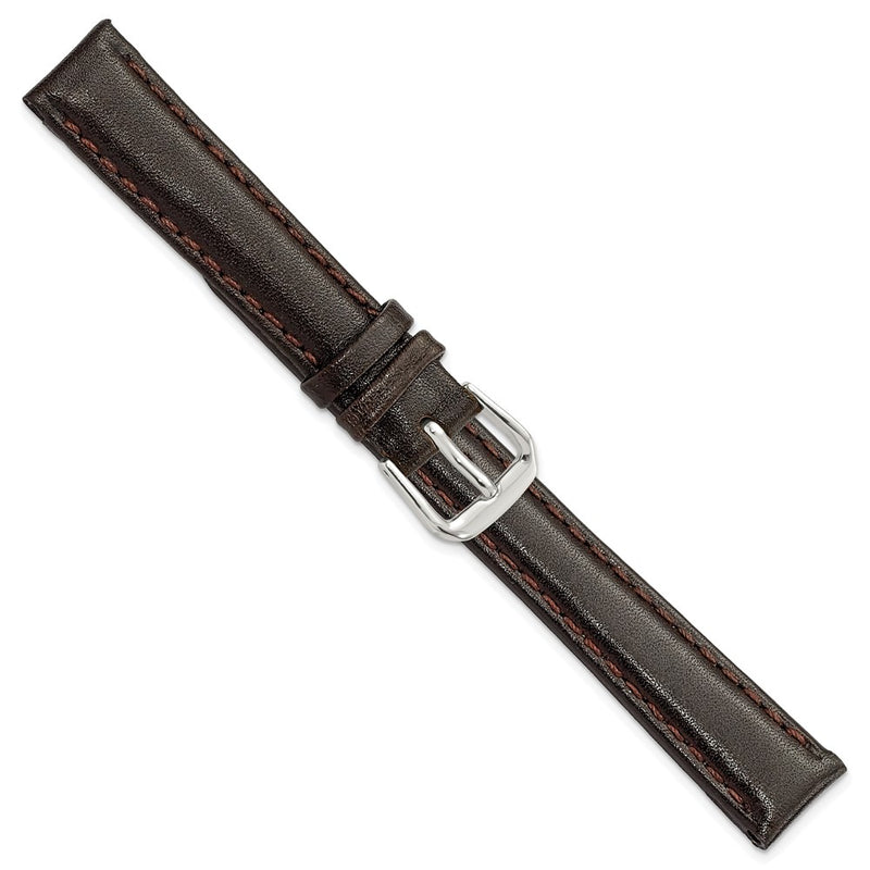 14mm Short Dark Brown Smooth Leather Slvr-tone Buckle Watch Band