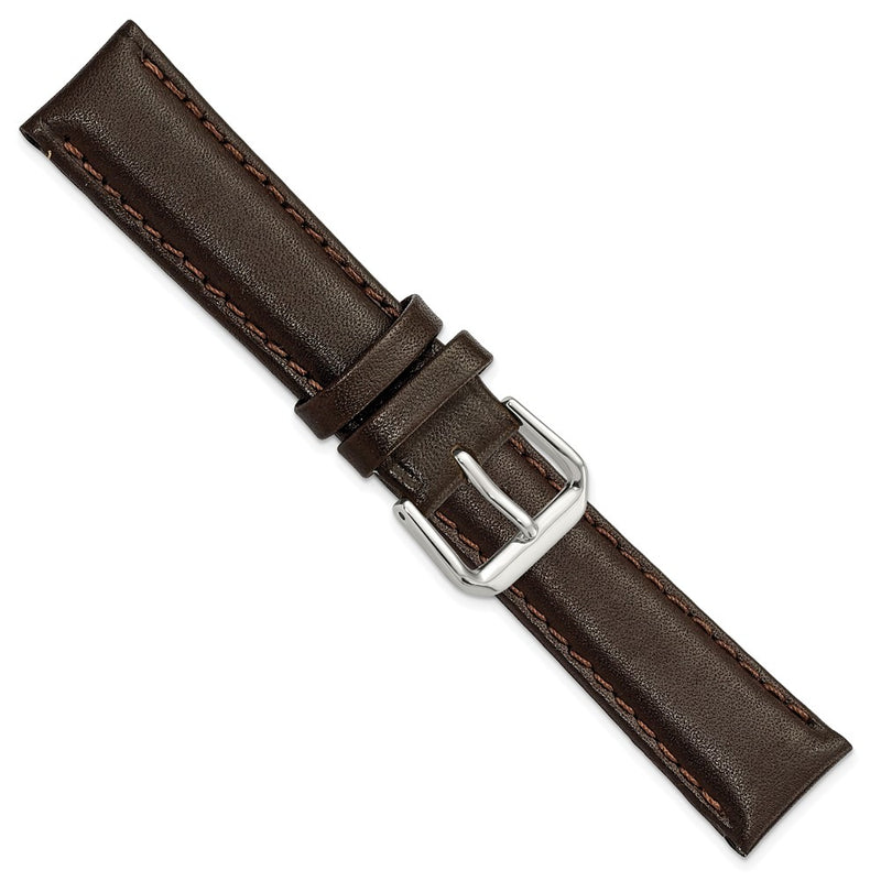 18mm Short Dark Brown Smooth Leather Silver-tone Buckle Watch Band