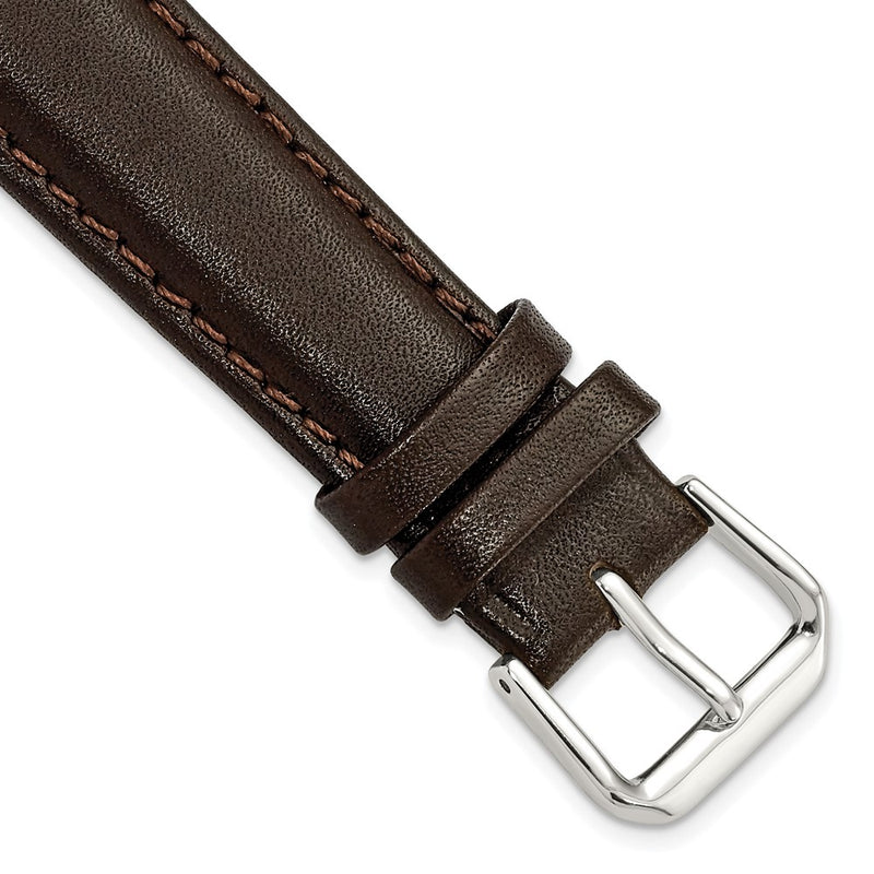 18mm Short Dark Brown Smooth Leather Silver-tone Buckle Watch Band