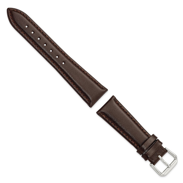 20mm Short Dark Brown Smooth Leather Slvr-tone Buckle Watch Band