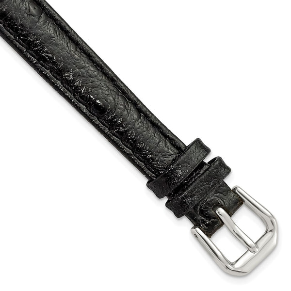 12mm Black Ostrich Grain Leather Silver-tone Buckle Watch Band