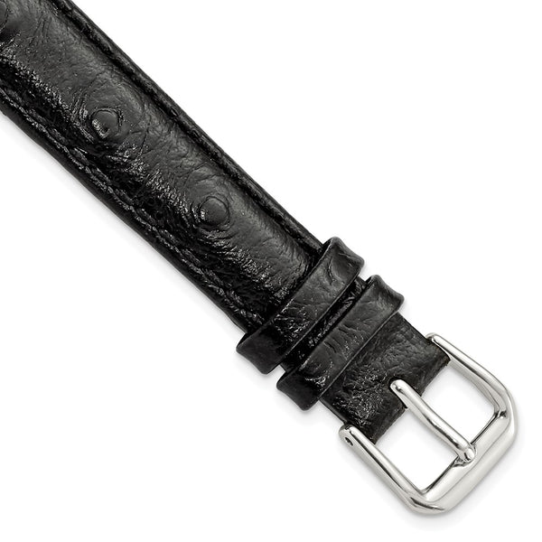 14mm Black Ostrich Grain Leather Silver-tone Buckle Watch Band