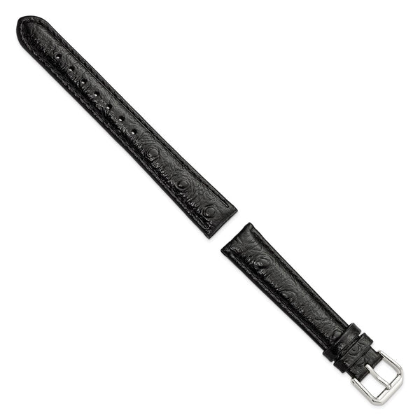 16mm Black Ostrich Grain Leather Silver-tone Buckle Watch Band