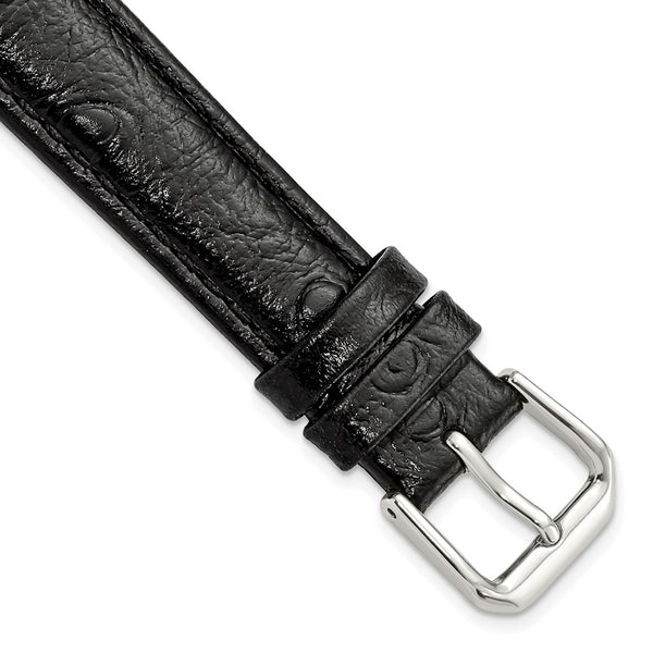 16mm Black Ostrich Grain Leather Silver-tone Buckle Watch Band