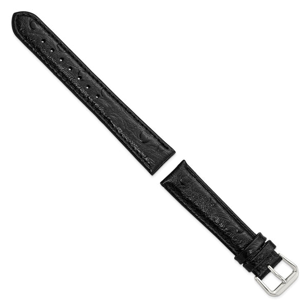 18mm Black Ostrich Grain Leather Silver-tone Buckle Watch Band