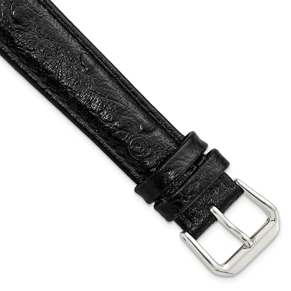 18mm Black Ostrich Grain Leather Silver-tone Buckle Watch Band