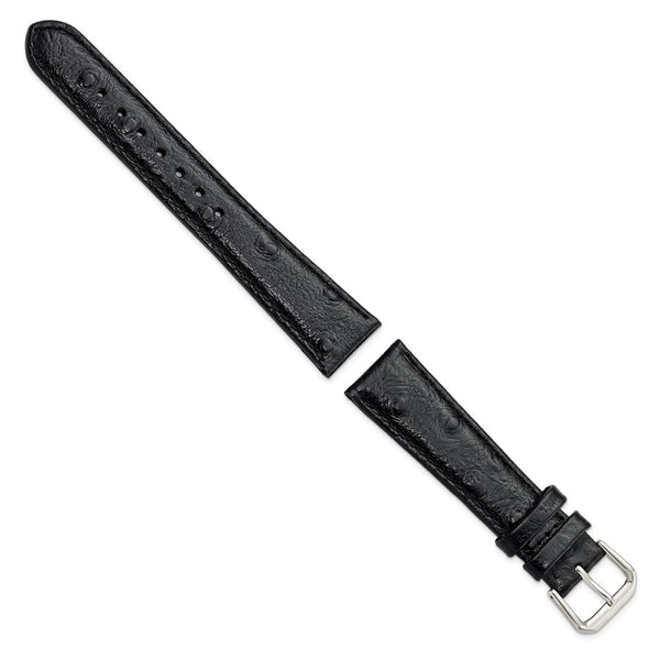 19mm Black Ostrich Grain Leather Silver-tone Buckle Watch Band