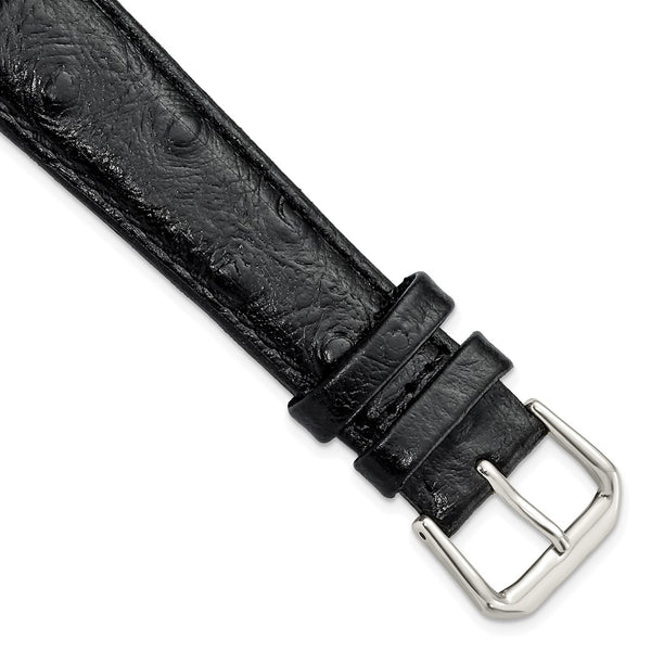 19mm Black Ostrich Grain Leather Silver-tone Buckle Watch Band