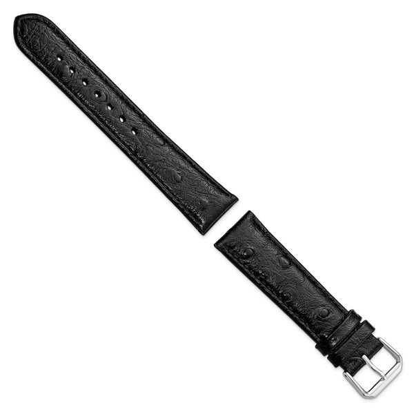 DeBeer 20mm Black Ostrich Grain Leather with Silver-tone Buckle 7.5 inch Watch Band