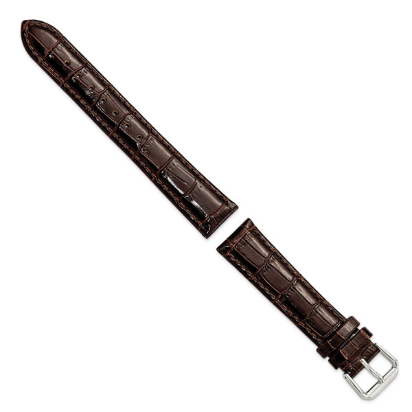 DeBeer 18mm Brown Crocodile Grain Leather with Dark Stitching and Silver-tone Buckle 7.5 inch Watch Band