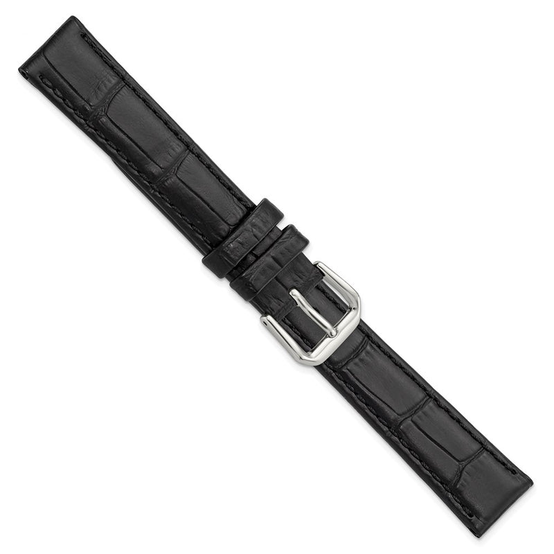 DeBeer 16mm Black Matte Wild Alligator Grain Leather with Silver-tone Buckle 7.5 inch Watch Band