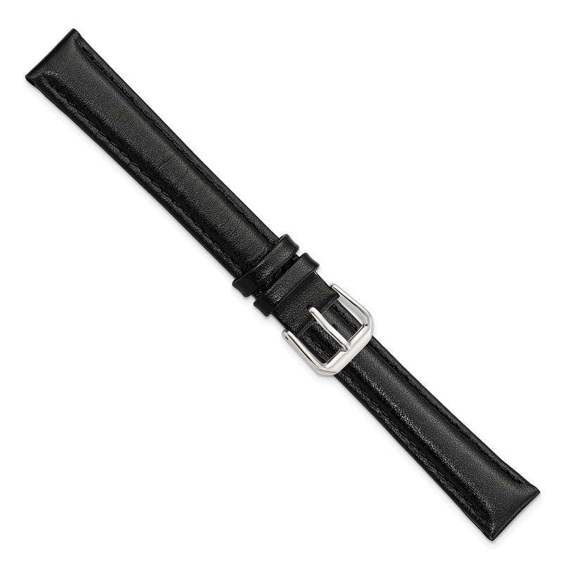 DeBeer 16mm Extra Long Black Smooth Leather with Silver-tone 9.5 inch Watch Band