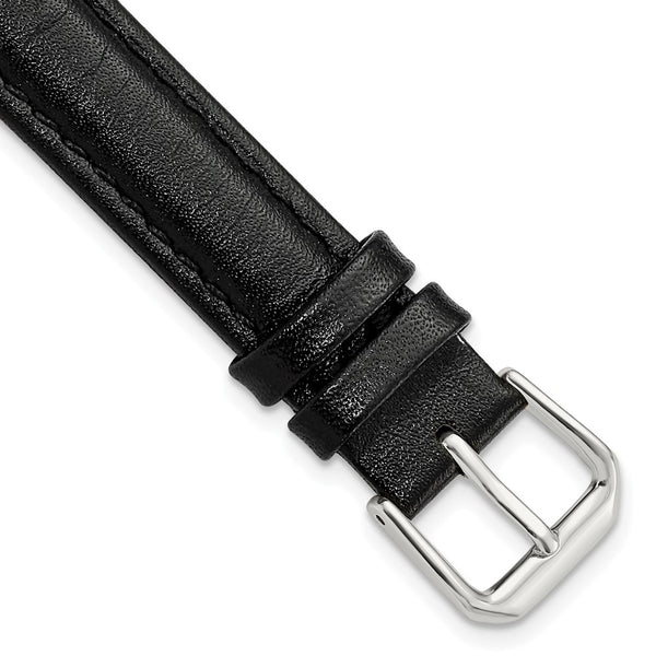 16mm Extra Long Black Smooth Leather Silver-tone Watch Band