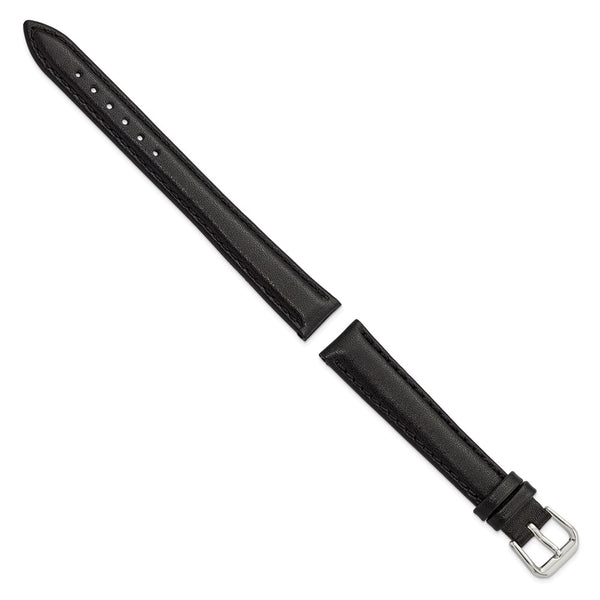 DeBeer 14mm Black Long Smooth Leather with Silver-tone Buckle 7.5 inch Watch Band
