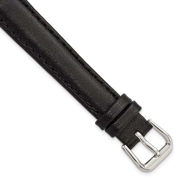 14mm Black Long Smooth Leather Silver-tone Buckle Watch Band