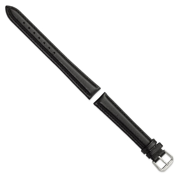 DeBeer 16mm Black Long Smooth Leather with Silver-tone Buckle 8.5 inch Watch Band