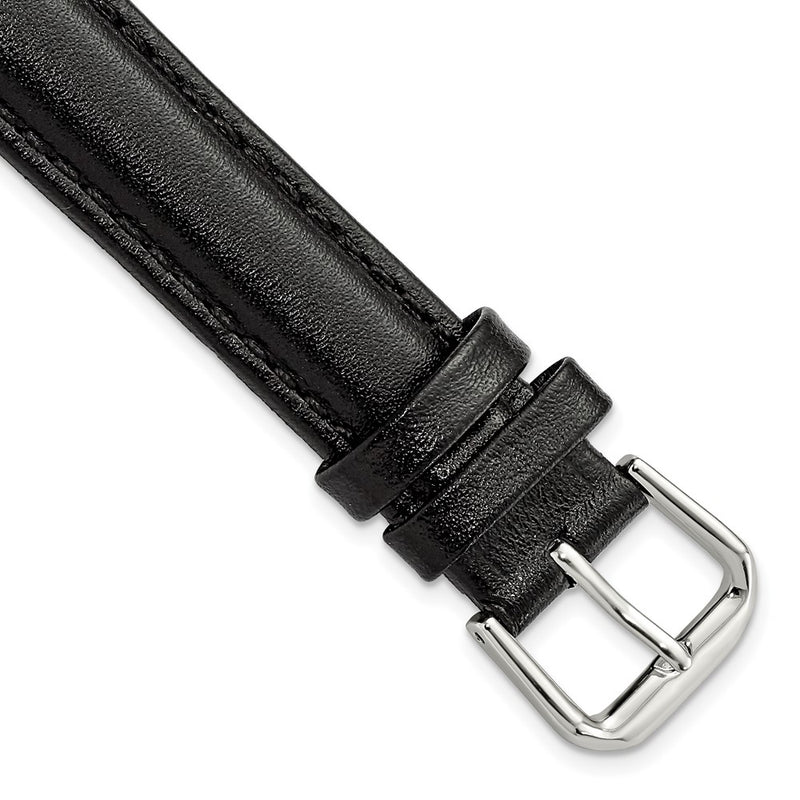 DeBeer 16mm Black Long Smooth Leather with Silver-tone Buckle 8.5 inch Watch Band