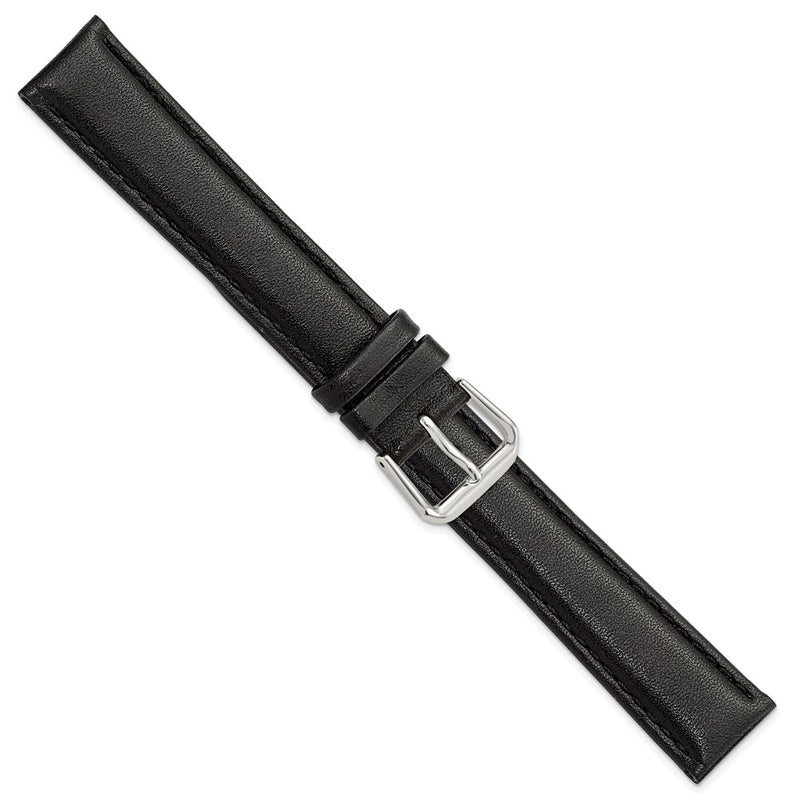 18mm Black Long Smooth Leather Silver-tone Buckle Watch Band