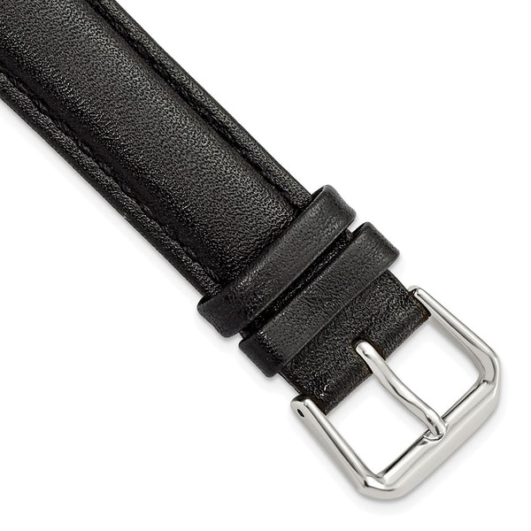 18mm Black Long Smooth Leather Silver-tone Buckle Watch Band