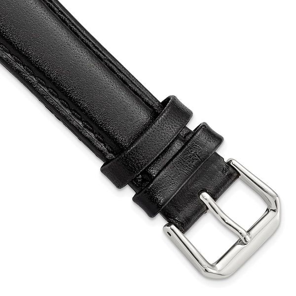 19mm Black Long Smooth Leather Silver-tone Buckle Watch Band