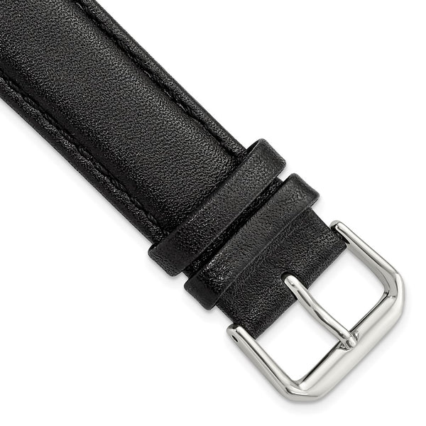 20mm Black Long Smooth Leather Silver-tone Buckle Watch Band