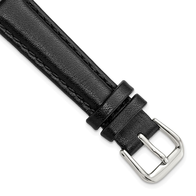 12mm Short Black Smooth Leather Silver-tone Buckle Watch Band