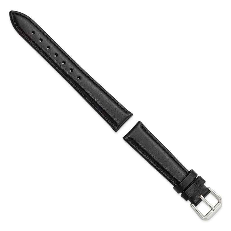 DeBeer 16mm Short Black Smooth Leather with Silver-tone Buckle 6.75 inch Watch Band