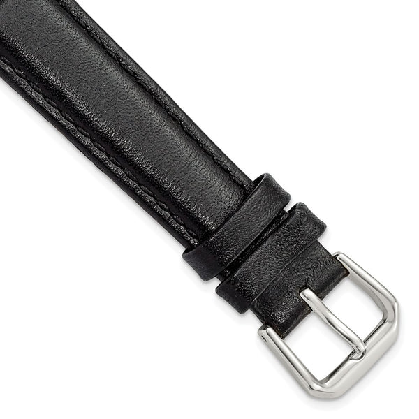 16mm Short Black Smooth Leather Silver-tone Buckle Watch Band