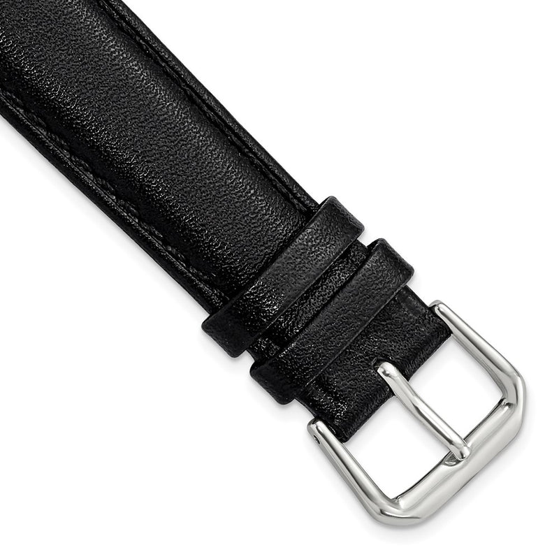 18mm Short Black Smooth Leather Silver-tone Buckle Watch Band
