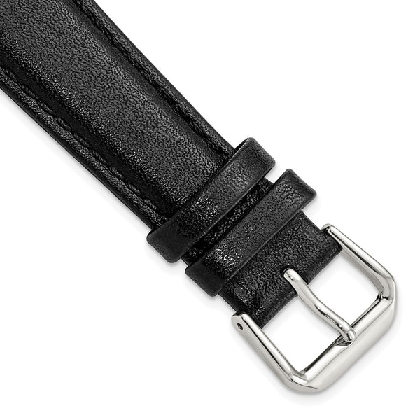 19mm Short Black Smooth Leather Silver-tone Buckle Watch Band