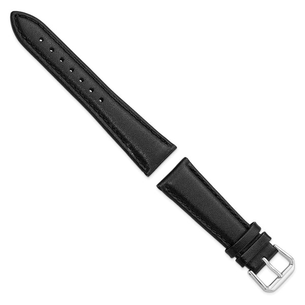 20mm Short Black Smooth Leather Silver-tone Buckle Watch Band