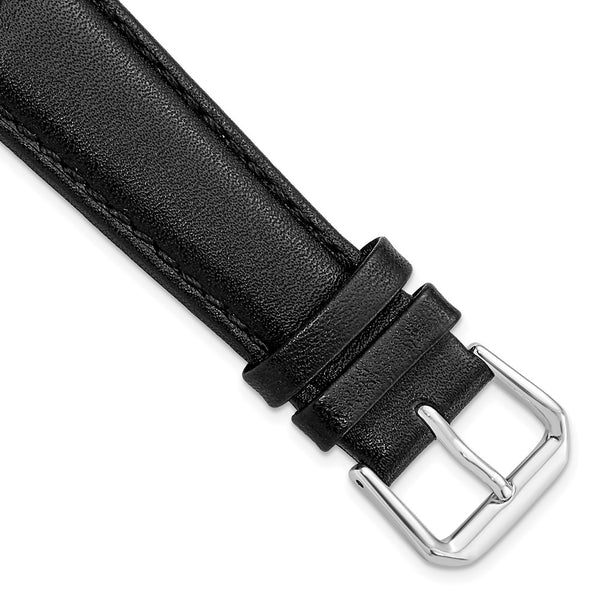 20mm Short Black Smooth Leather Silver-tone Buckle Watch Band