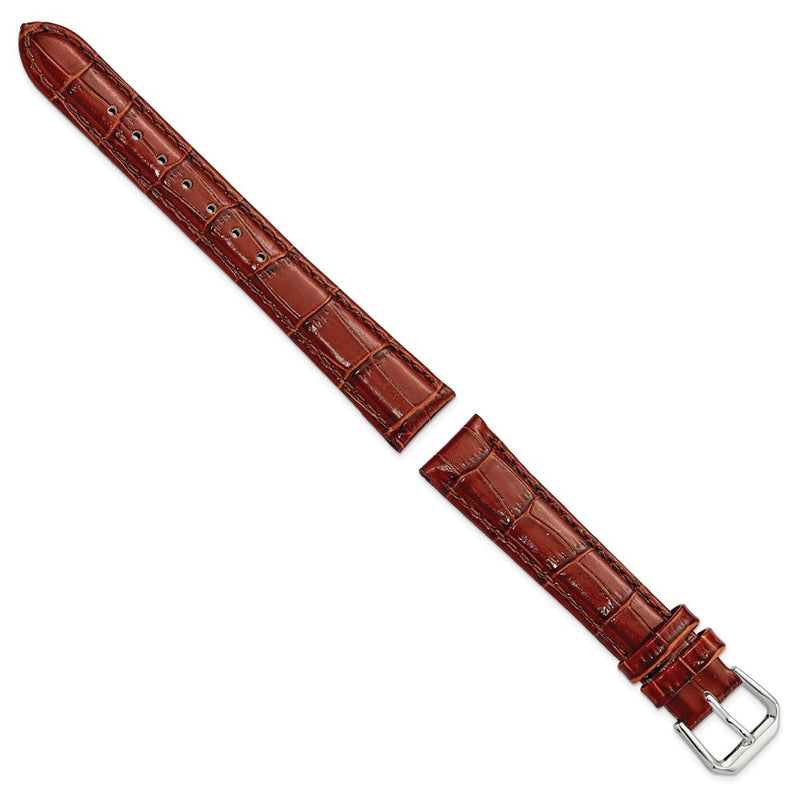 DeBeer 16mm Havana Crocodile Grain Leather with Dark Stitching and Silver-tone Buckle 7.5 inch Watch Band