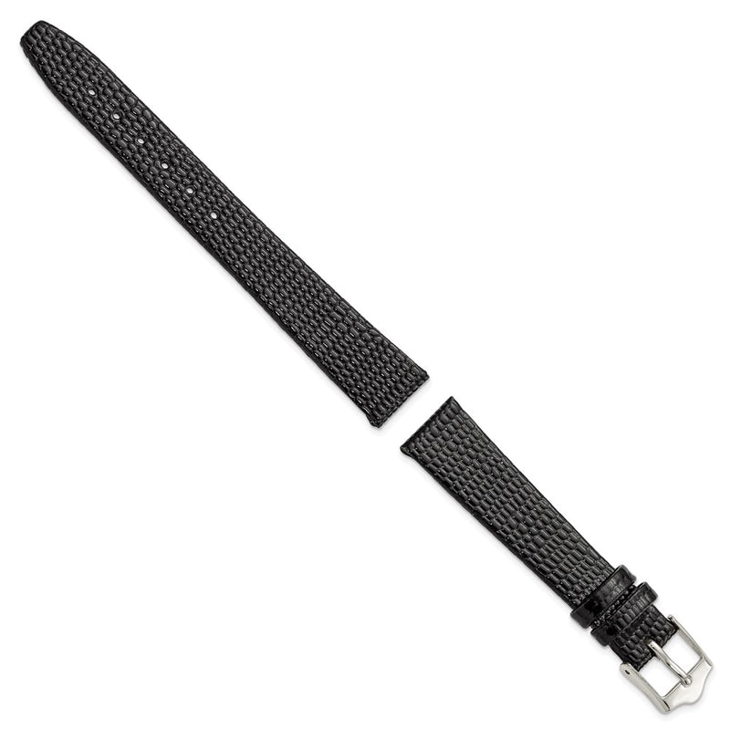 DeBeer 14mm Flat Black Lizard Grain Leather with Silver-tone Buckle 6.75 inch Watch Band